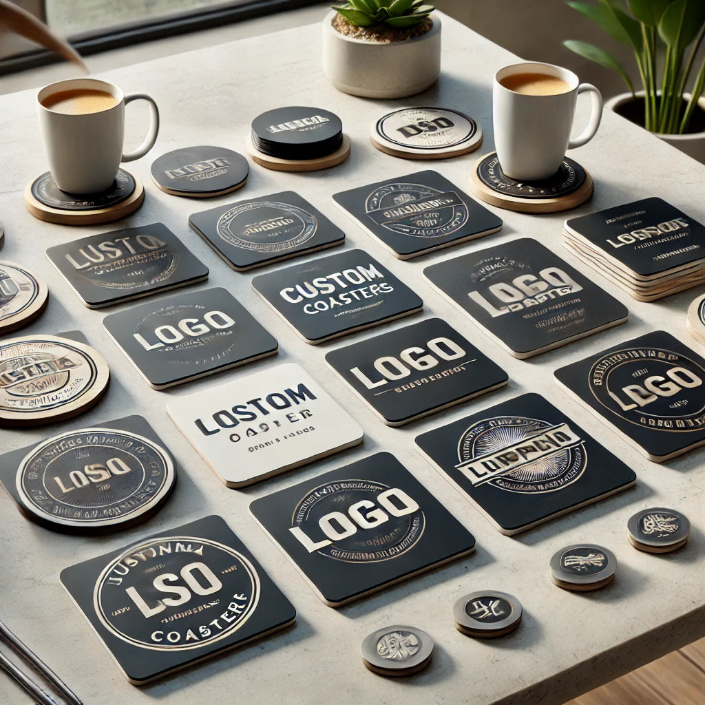 A set of personalized coasters displayed on a stylish table, featuring custom logos and designs, available in both round and square shapes.