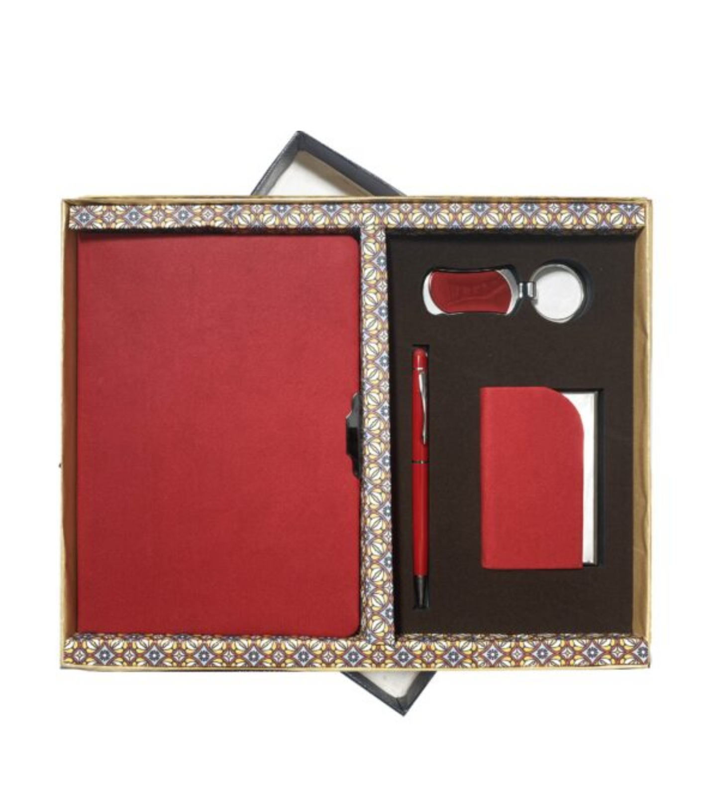 A sleek and sophisticated Crimson Executive Gift Set, featuring a collection of premium items such as a notebook, pen, and other executive accessories, all designed to make an impactful statement. Perfect for corporate gifting, this set is ideal for professionals who appreciate quality and style.