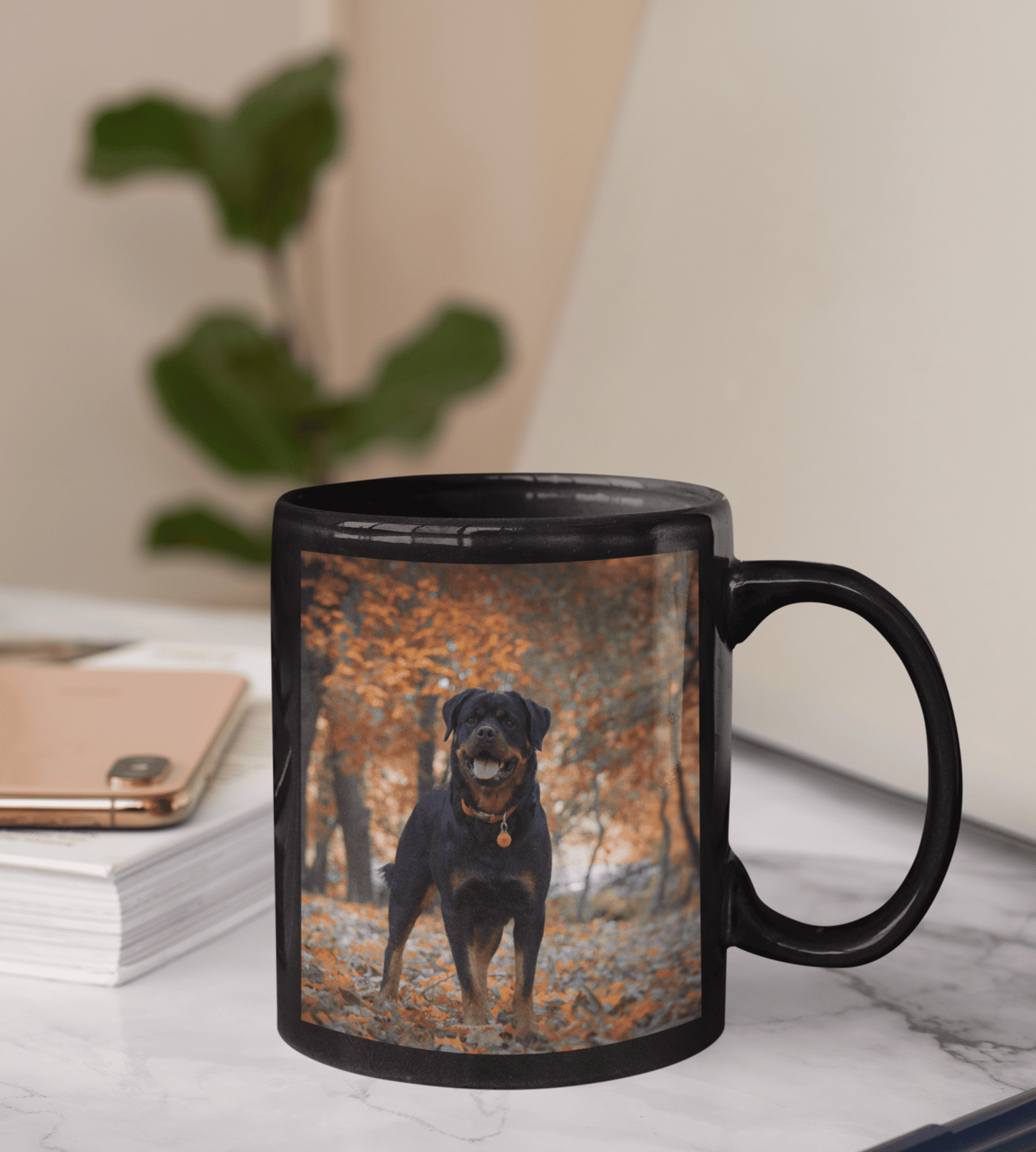 Custom Dog Lover's Mug, printed with a black dog image, customizable and perfect for dog enthusiasts or as a special gift.