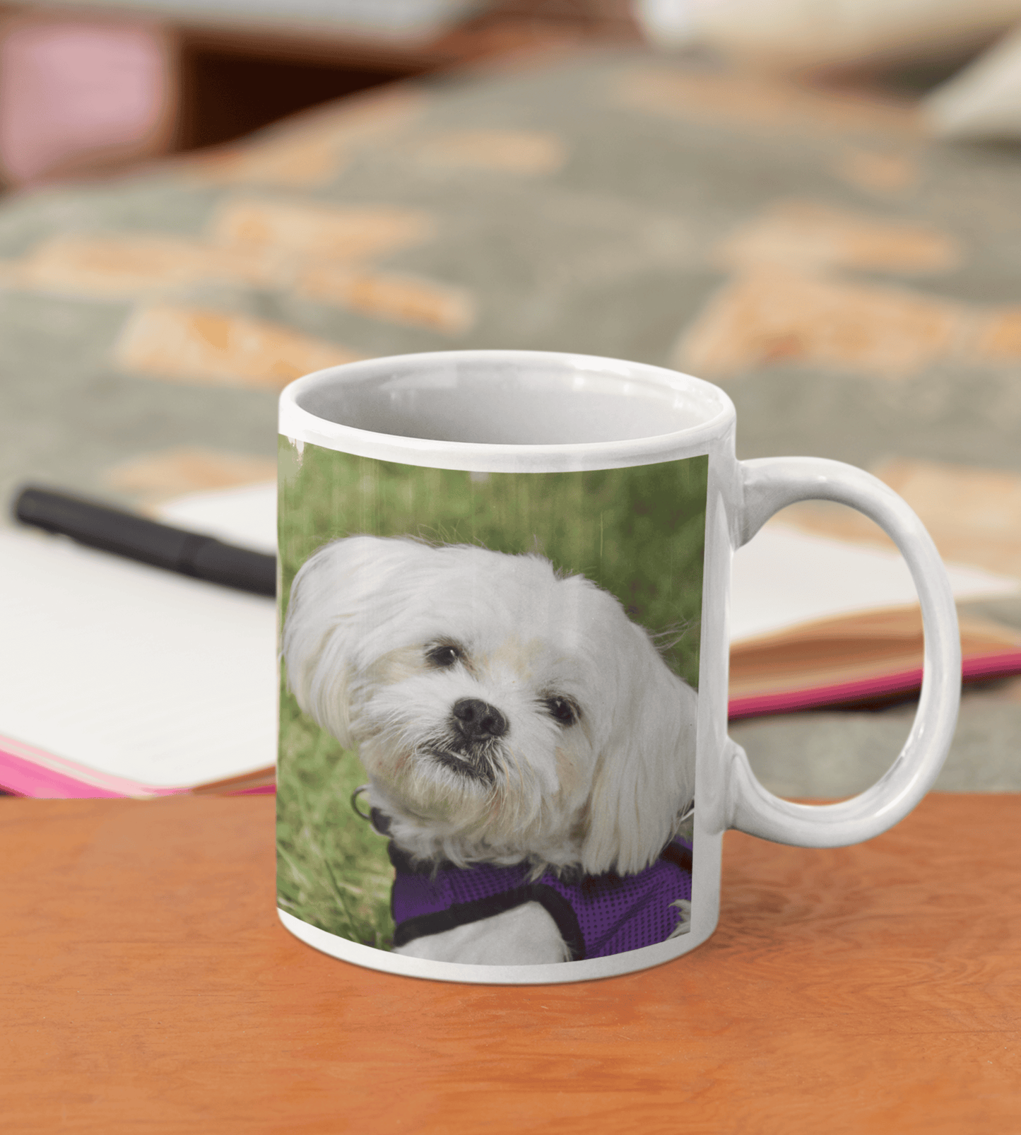 Custom Dog Lover's Mug, printed with a white dog image, customizable and perfect for dog enthusiasts or as a thoughtful gift.
