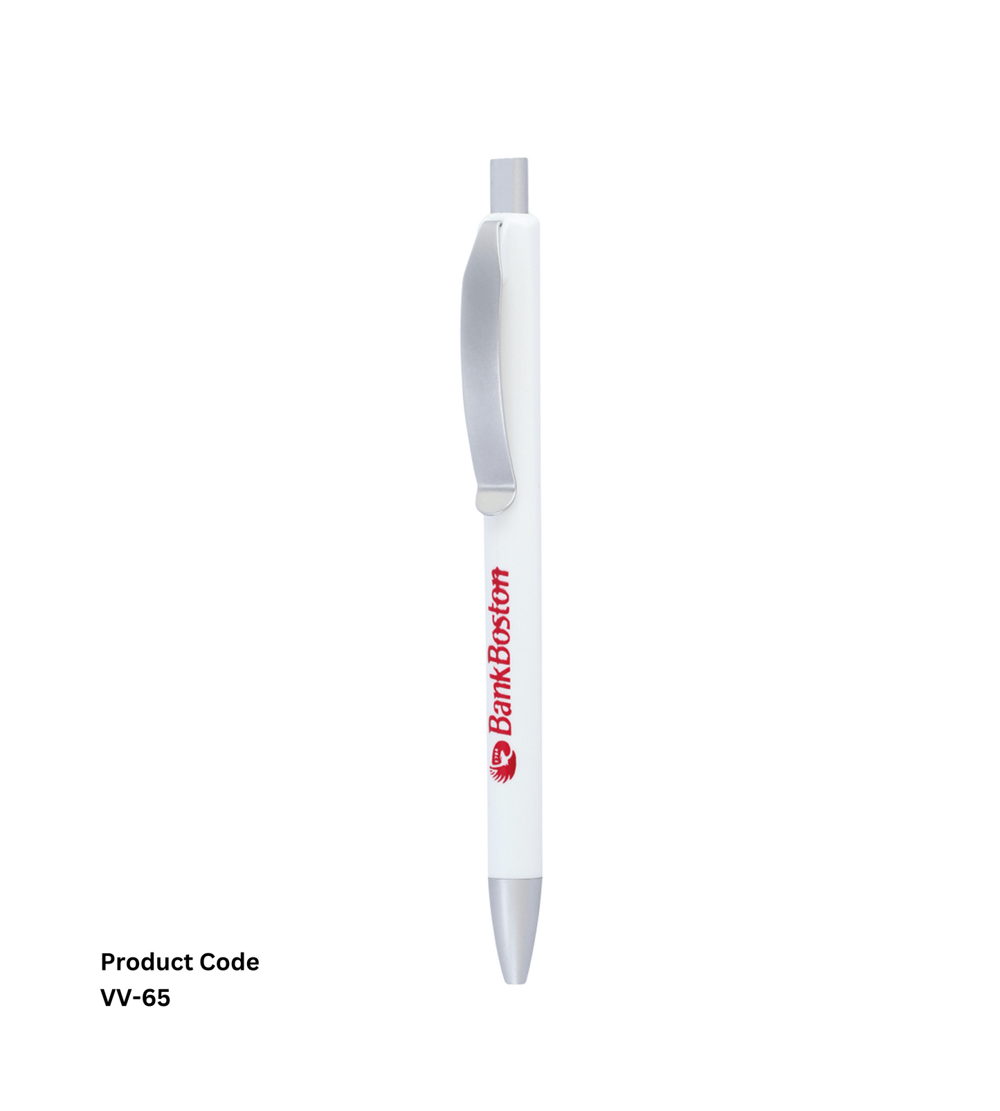 Get the Personalized Plastic Pen - VV65 in a refined white and silver combination, perfect for corporate branding and promotional events. Customize with your logo. MOQ 1000, made from durable plastic.