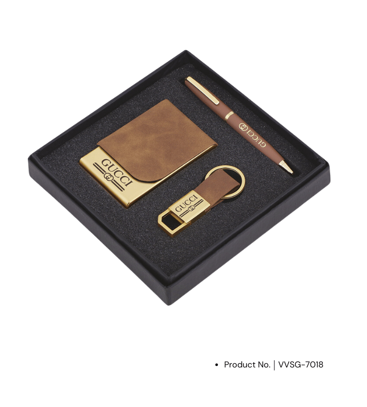 A premium gift set featuring a pen, keychain, and card holder. This elegant trio is ideal for corporate gifting, offering both style and utility. Perfect for creating a lasting impression on clients, partners, or employees.