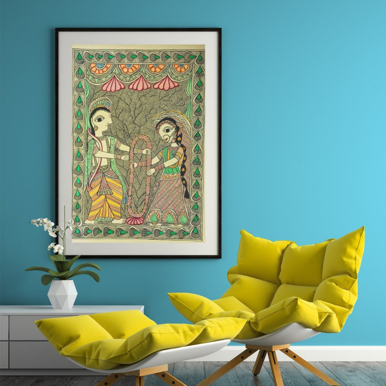 Ram-Sita Jaymala Mithila Painting Poster – Framed & Unframed Madhubani Art for Spiritual Decor