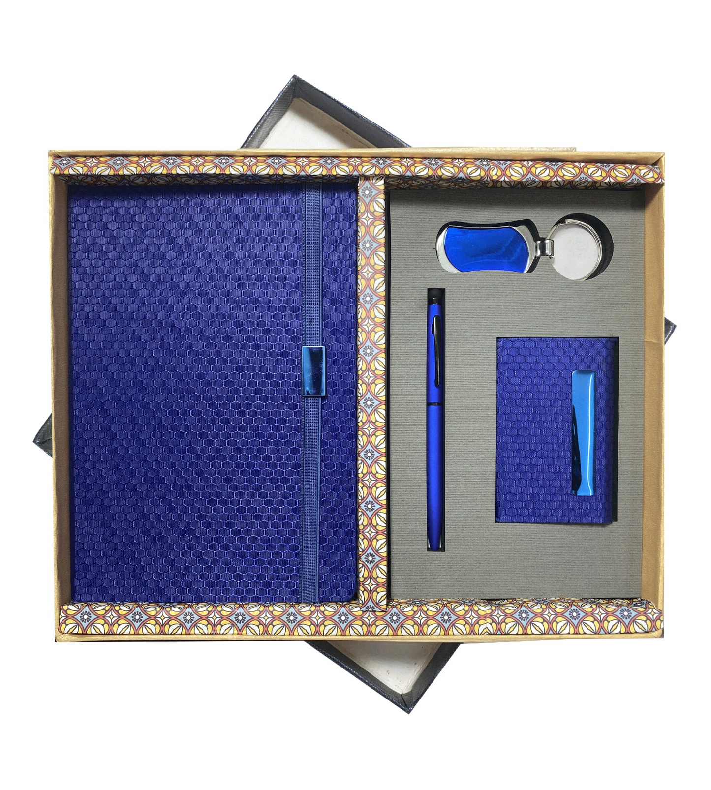 The Verveet Azure Elite Set, an exquisite corporate gift collection that includes a luxurious azure blue leather-bound notebook, a matching pen, a sleek cardholder, and a stylish keyholder. Designed for professionals who appreciate quality and sophistication, this set is perfect for corporate gifting or special occasions. It comes in a beautifully crafted box, making it an ideal choice for elevating business relationships and making a lasting impression.
