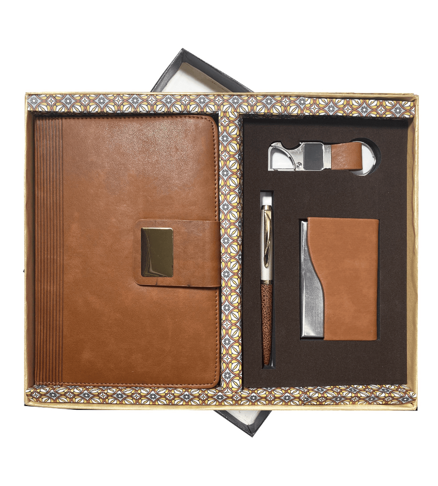 The Verveet Classic Tan Set, featuring a refined collection of corporate essentials, includes a tan leather notebook, a matching pen, and a stylish cardholder. Designed with elegance and functionality in mind, this set makes a perfect gift for corporate events, business meetings, or special occasions. Its timeless tan color and high-quality materials ensure a professional look that is both practical and sophisticated. The Classic Tan Set comes beautifully packaged, making it a thoughtful and impactful gift