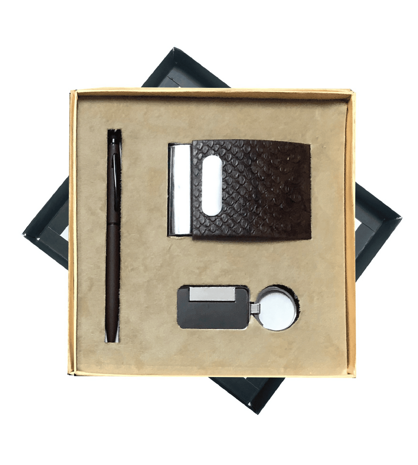 The **Verveet Croc Classic Trio** is a premium gift set that features three essential items with a sophisticated croc-embossed texture. This elegant trio typically includes a personalized notebook, a matching pen, and a stylish cardholder, all designed to exude class and professionalism. The unique croc pattern adds a touch of luxury and distinction, making it a perfect choice for corporate gifting, special occasions, or as a high-end promotional set. This combination of practical yet stylish items ensures