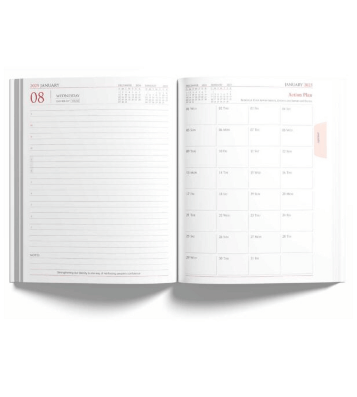 Verveet Executive Date Planner Diary inside, featuring organized layouts for daily, weekly, and monthly planning, along with sections for notes, to-do lists, and important reminders.