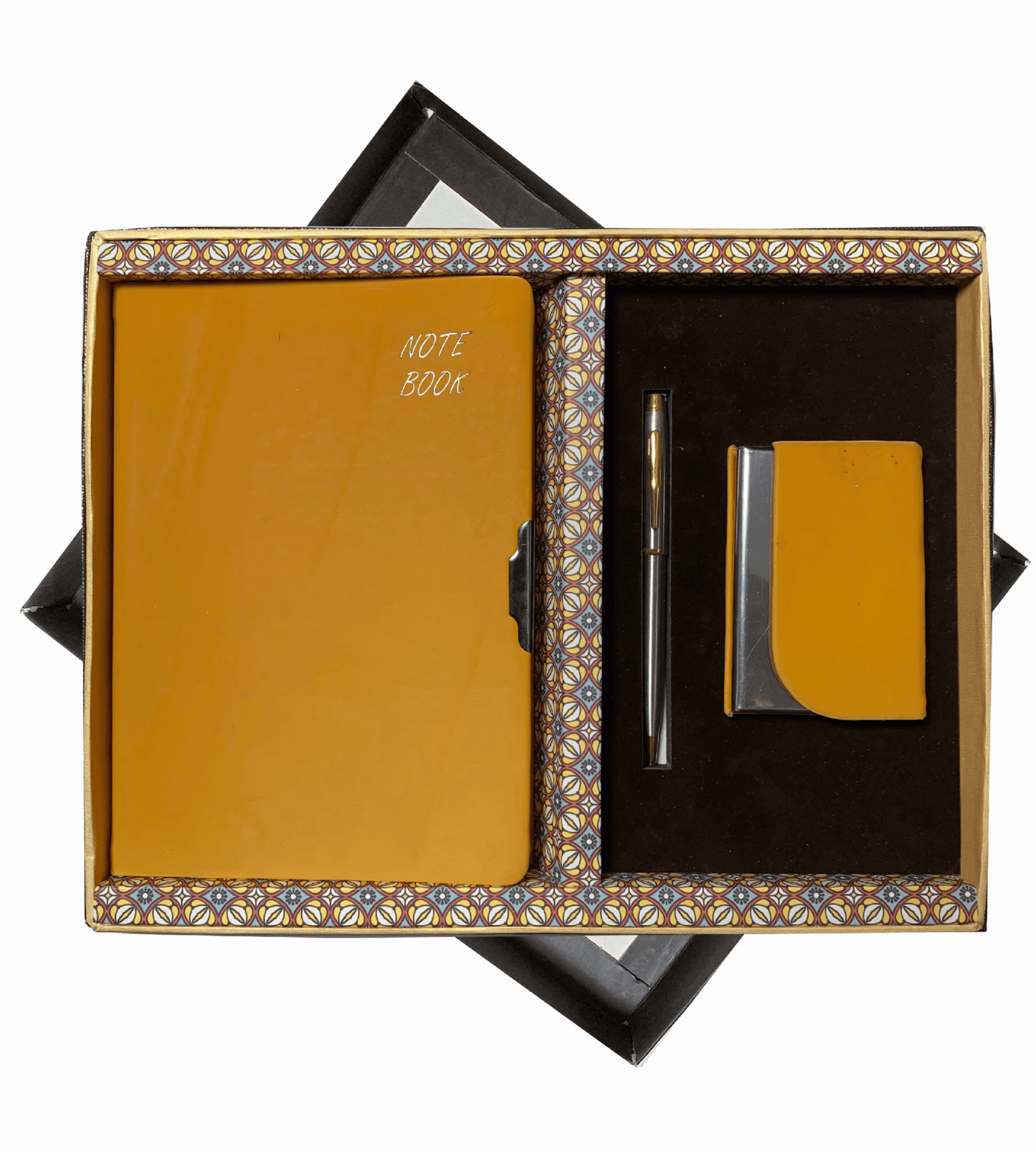The Verveet Marigold Executive Set, showcasing a vibrant and sophisticated combination of corporate essentials. This set includes a marigold-colored leather-bound notebook, a sleek pen, and a stylish cardholder, all crafted with precision and elegance. The rich marigold hue adds a touch of luxury, making it an ideal gift for business events, corporate giveaways, or special occasions. Perfect for making a statement, this set exudes professionalism and style, offering both practicality and a memorable gifting