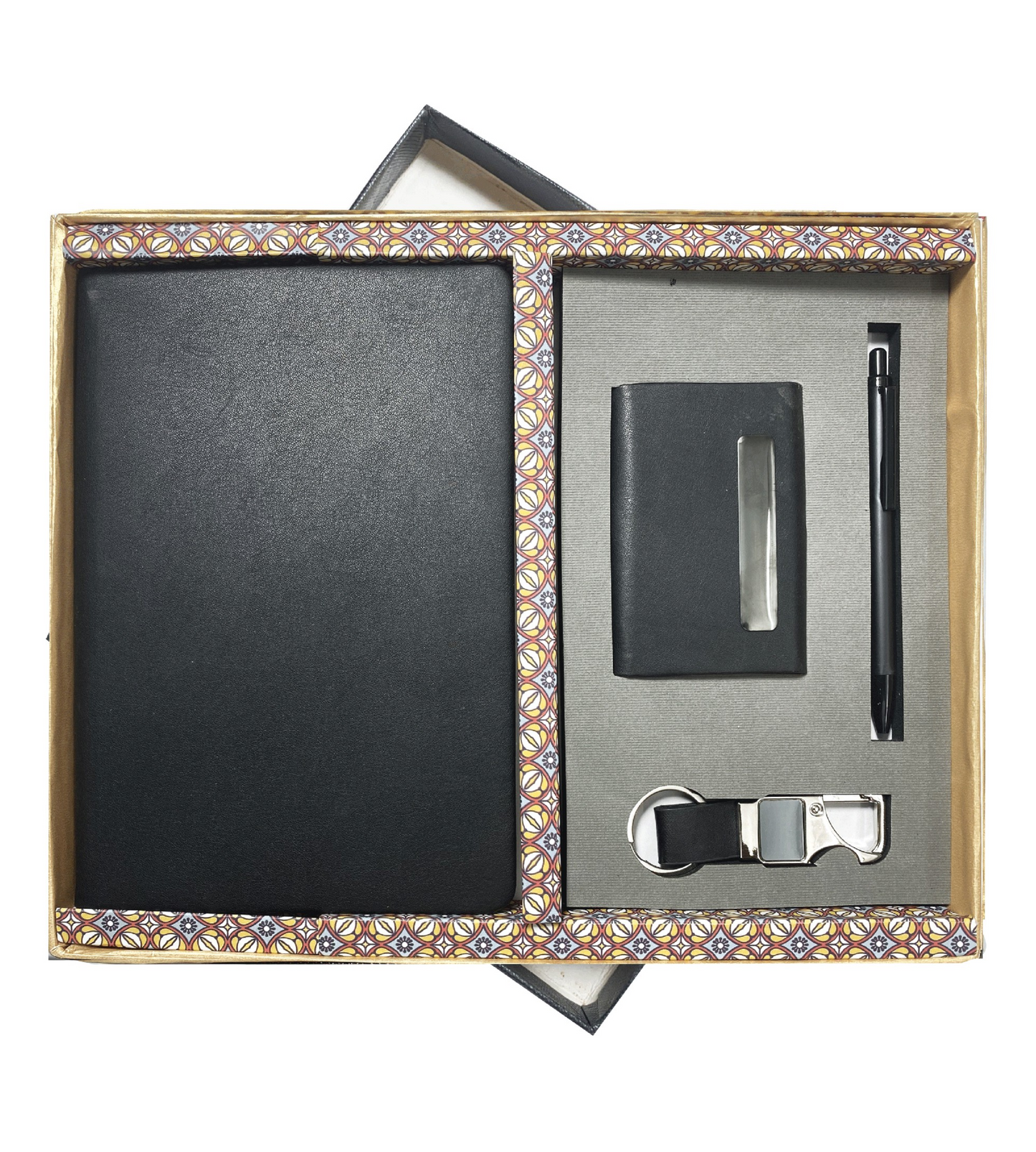 The Verveet Noir Executive Set, an elegant collection of corporate gifts, featuring a sleek black pen, a refined black cardholder, and a stylish black notebook. The set exudes sophistication with its minimalist design, making it an ideal choice for high-end business gifts, corporate events, and special occasions. Packaged in a premium gift box, it offers a luxurious, professional touch that will leave a lasting impression on clients and colleagues alike.