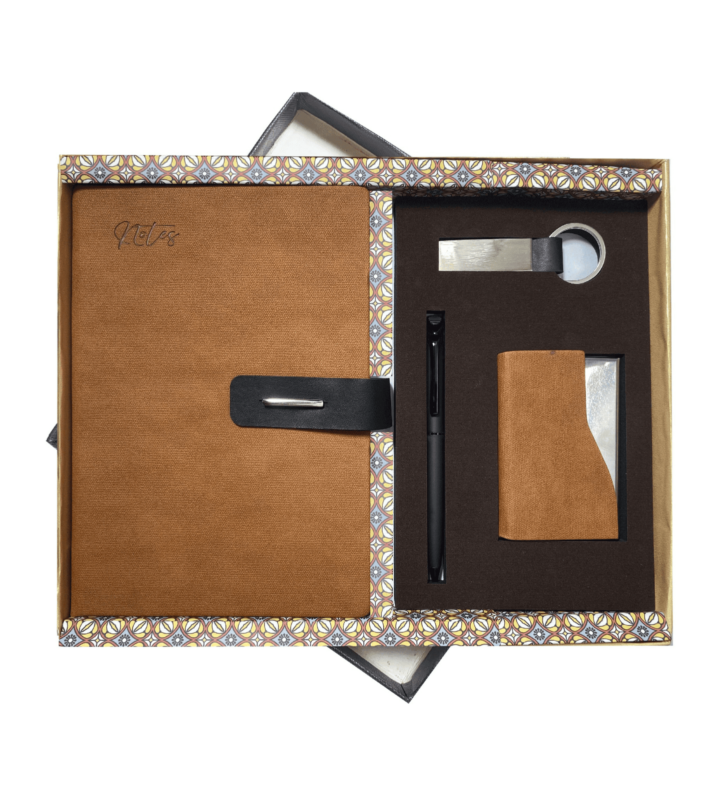 A sophisticated and luxurious corporate gift set from Verveet, featuring the Tan Luxe Jumbo Set. This elegant gift collection includes premium items such as a sleek leather-bound notebook, a matching pen, a stylish keyholder, and a high-quality cardholder, all beautifully packaged for corporate gifting. The set is designed to make a lasting impression with its refined, professional appeal.