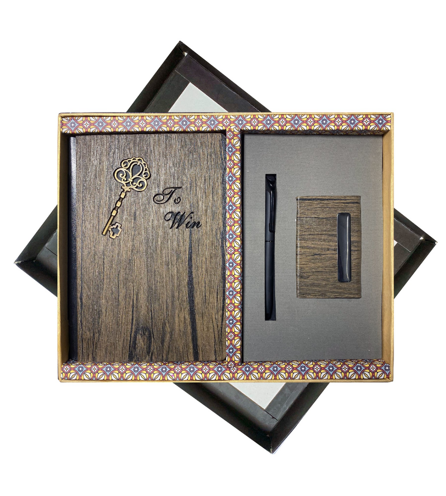 The Verveet Woodcraft Executive Set, a premium collection of corporate gifts featuring a beautifully crafted wooden pen, a matching wooden cardholder, and an elegant wood-textured notebook. This set combines sophistication with a natural touch, making it perfect for professionals who appreciate fine craftsmanship. Packaged in a luxurious box, it serves as an ideal gift for corporate events, business meetings, and special occasions, leaving a lasting impression of thoughtfulness and quality.