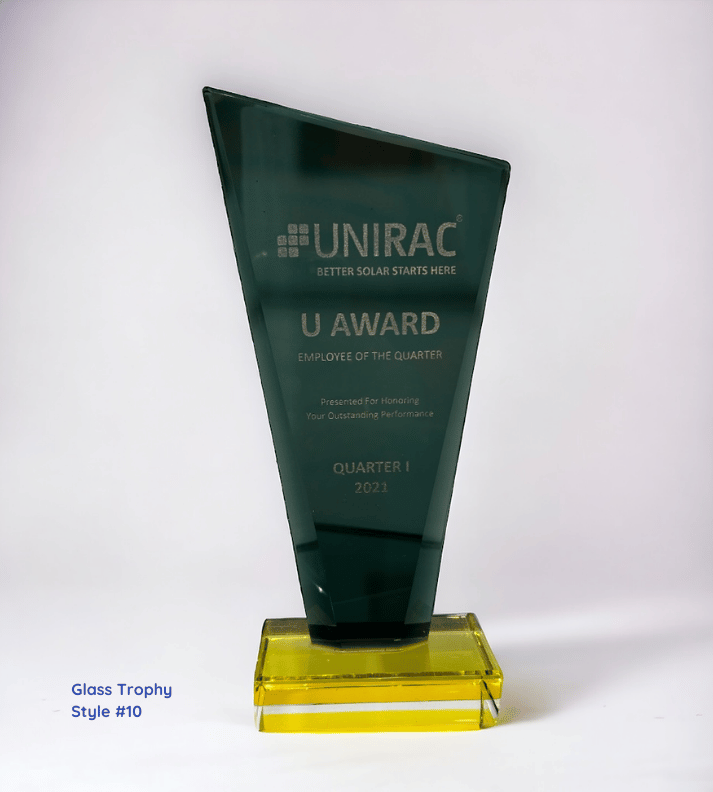 Corporate award glass trophy with yellow base, ideal for recognition and achievement awards.