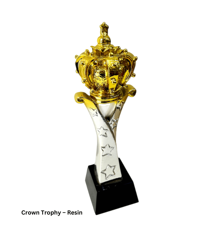 Custom Crown Trophy – 10-inch resin trophy with a gold finish. Ideal for awards and recognition ceremonies, this trophy features an elegant crown design, symbolizing achievement and excellence. Perfect for corporate events, sports competitions, or any recognition ceremony. Personalize with engraving for a unique touch."