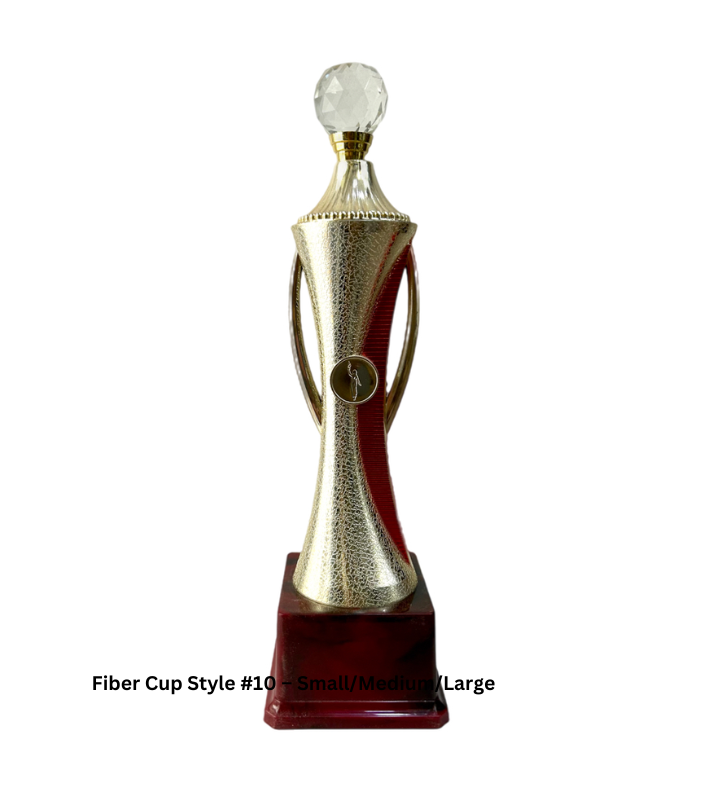 Custom Fiber Cup Trophy Style 10 in Gold, available in 11, 12.5, and 14.5-inch sizes. Made from premium fiber, this elegant trophy is perfect for recognizing achievements in sports, corporate events, and academic ceremonies. Personalize with engravings for a tailored award."
This alt text highlights the product’s customization options, size range, and suitability for different events.