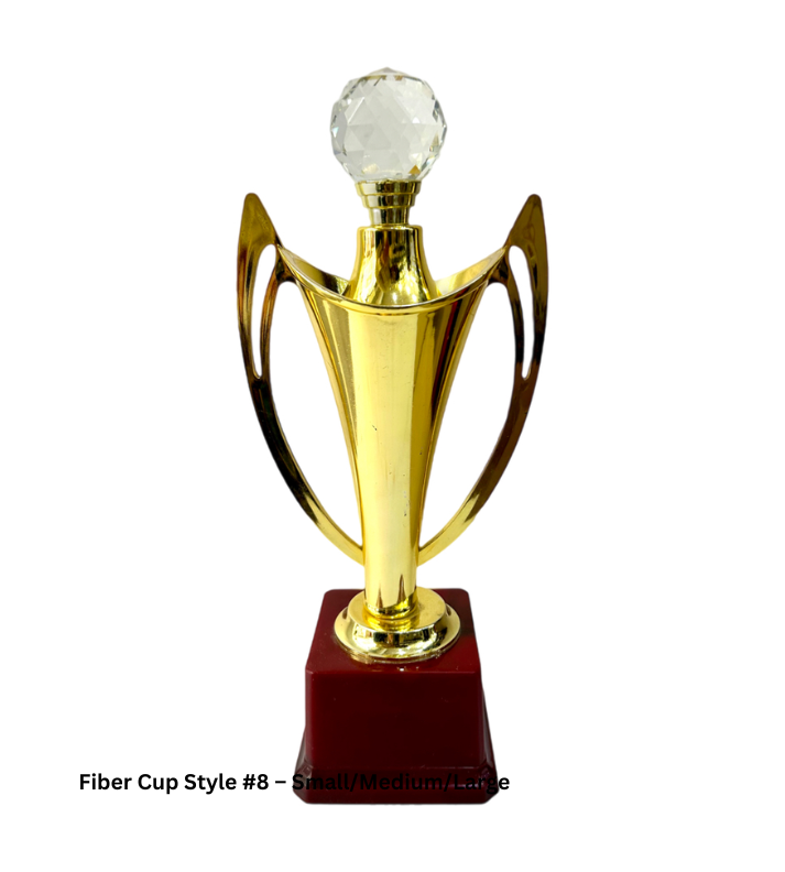 Customized Fiber Cup Trophy Style 8 in Gold, available in 9, 10, and 11-inch sizes. Made from high-quality fiber, perfect for sports competitions, corporate awards, and academic recognitions. Personalize with names, logos, or event details for a unique touch."
This highlights key details about the product, including its material, size options, and customization possibilities.