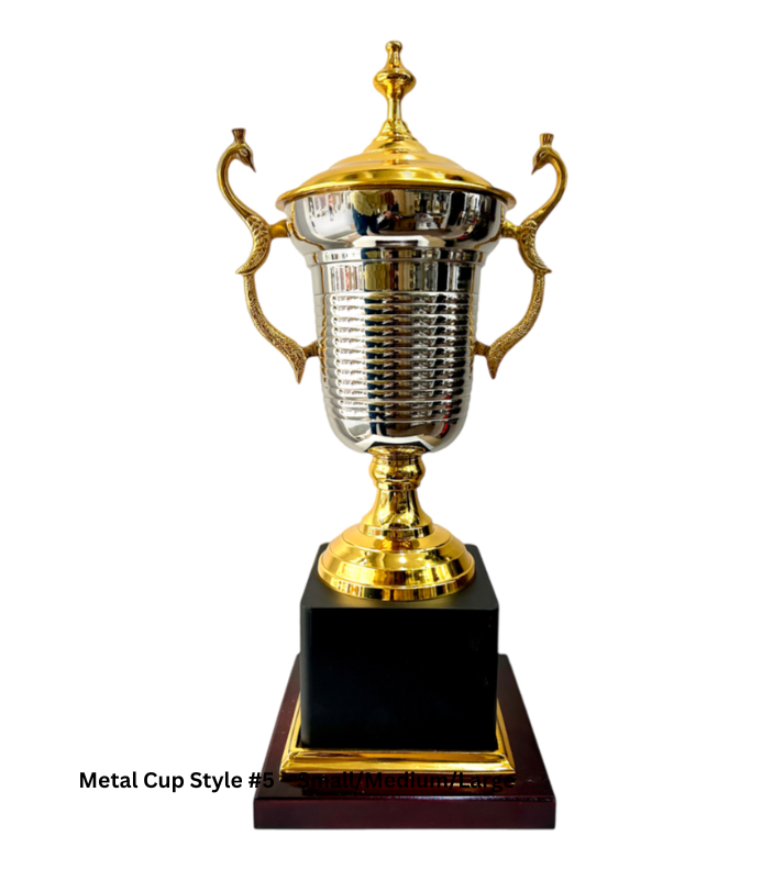 Custom Metal Cup Trophy Style 5 in Gold and Silver, available in 20, 22, and 24-inch sizes. Made from high-quality metal with a luxurious dual-tone finish, perfect for large awards, sports competitions, and corporate recognition events. Custom engraving options available to add a personalized touch."
This alt text highlights the material, size options, and potential for customization.