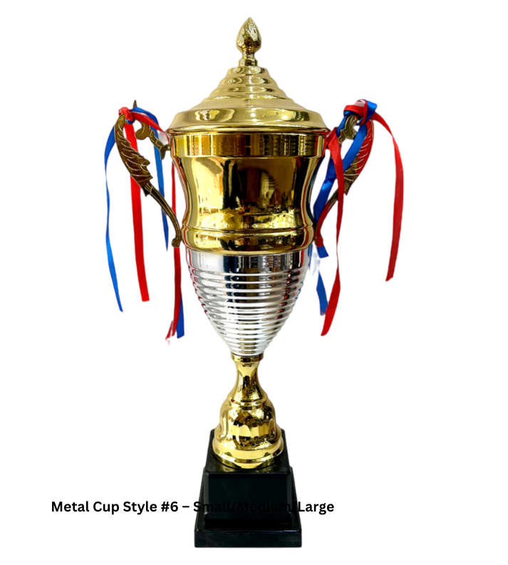 Custom Metal Cup Trophy Style 6 in Gold and Silver, available in 16, 18, and 20-inch sizes. Crafted from durable metal with a polished dual-tone finish, ideal for prestigious awards, sports tournaments, and corporate recognition ceremonies. Personalization available for engraving names, logos, or event details."
This alt text emphasizes the trophy's material, size options, and engraving possibilities for customization.