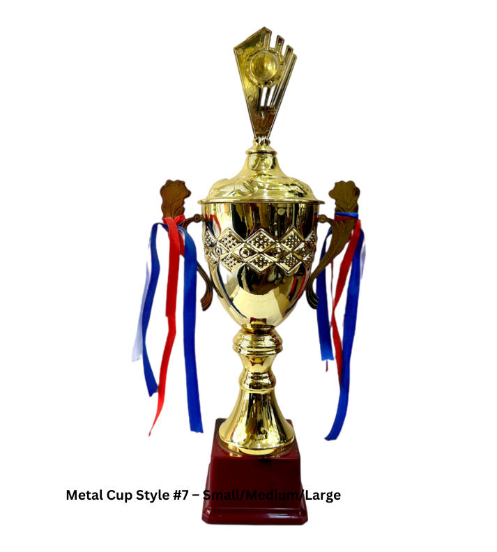 Custom Metal Cup Trophy Style 7 in Gold, available in 15, 20, and 26-inch sizes. Designed with a high-quality metal finish, this trophy combines elegance and durability, perfect for recognizing excellence in sports, corporate awards, or special events. Custom engraving options available for personalization."
This alt text highlights the product’s material, size options, and customization features.