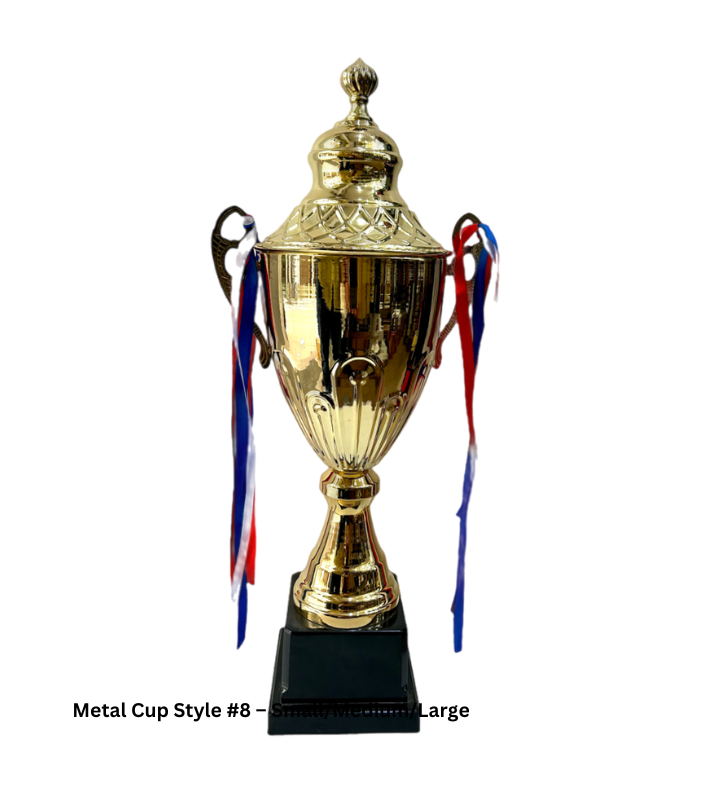 Custom Metal Cup Trophy Style 8 in Gold, available in 18, 20, and 23-inch sizes. Crafted from high-quality metal, this elegant trophy is perfect for honoring achievements in sports, corporate events, and special ceremonies. Personalization options available for engraving names, logos, or event details."
This alt text emphasizes the product’s material, size options, and customization features.