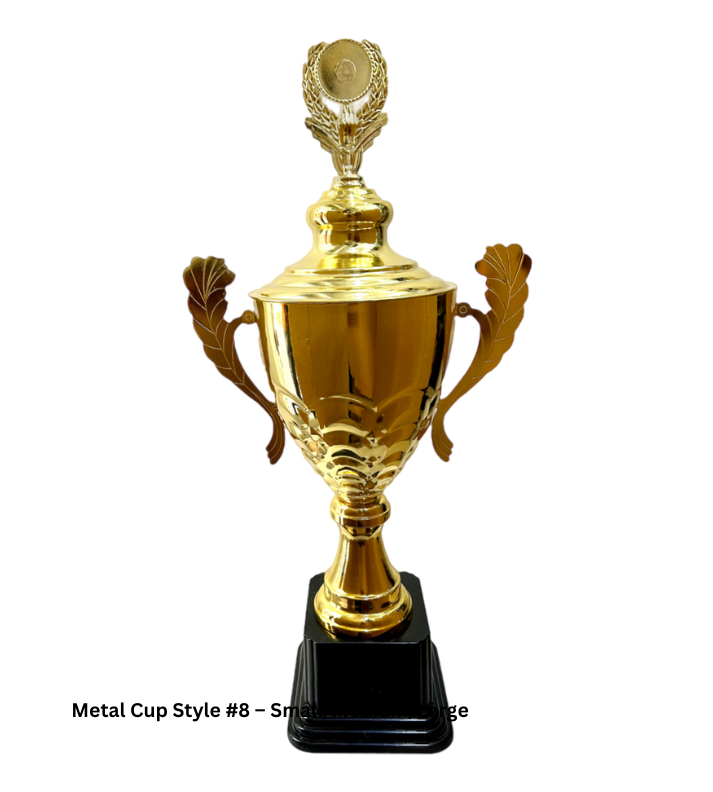Custom Metal Cup Trophy Style 8 in Gold, available in 28, 30, and 32-inch sizes. Made from premium metal, this grand trophy is perfect for prestigious awards ceremonies, large sports competitions, and corporate events. Personalization options available for engraving names, logos, or event details."
This alt text highlights the large sizes and customization options for engraving.