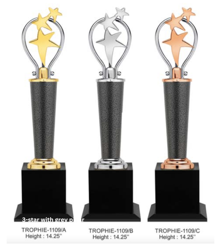 Custom Metal Trophy featuring three stars on a sleek grey pillar, available in gold, silver, and bronze finishes. A perfect award for recognizing outstanding performance and excellence across various categories. Personalization options for engraving names, logos, or event details."
This alt text emphasizes the design elements and customization options, while highlighting the trophy’s versatility for multiple award events.