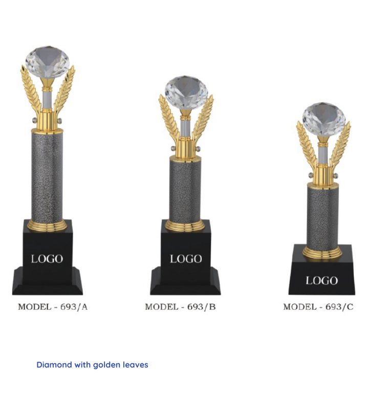 Custom Metal Trophy featuring a diamond-shaped design with golden leaves, set on a silver and gold base. This elegant trophy is ideal for awards and can be personalized with engraving for names, logos, or event details."
This alt text highlights the trophy's unique design, materials, and customization possibilities.