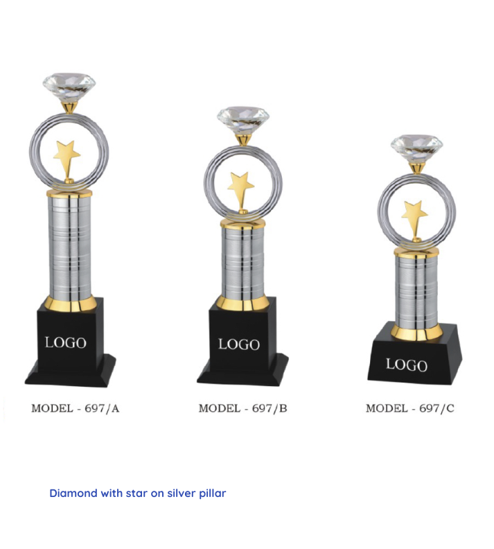 Custom Metal Trophy featuring a diamond star design on a silver pillar base with silver and gold accents. This elegant trophy is perfect for awards ceremonies and can be personalized with engravings for names, logos, or event details."
This alt text emphasizes the trophy's design, materials, and customization options.