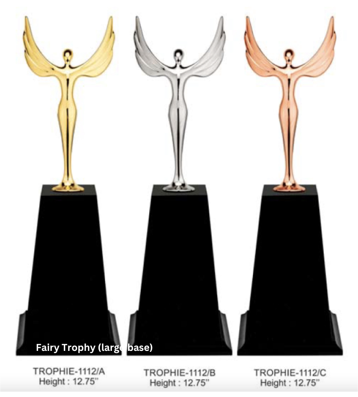Custom Metal Trophy featuring a fairy design, set on a large base, available in gold, silver, and bronze finishes. Perfect for recognizing exceptional achievement in creative fields, events, and competitions. Personalization options available for engraving names and details."
This alt text emphasizes the trophy’s design, material finishes, and customization options.