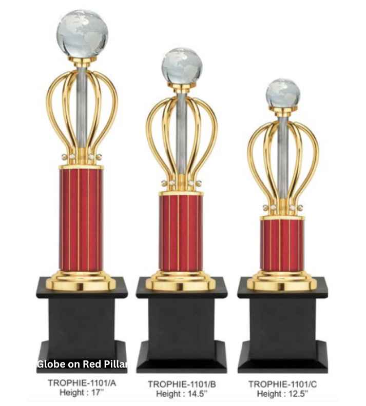 Custom Metal Trophy with a globe design mounted on a striking red pillar with gold accents. Ideal for prestigious awards, corporate recognition, and global event celebrations. Personalize with engraving options for names, logos, or event details."
This alt text highlights the unique design and potential for customization.