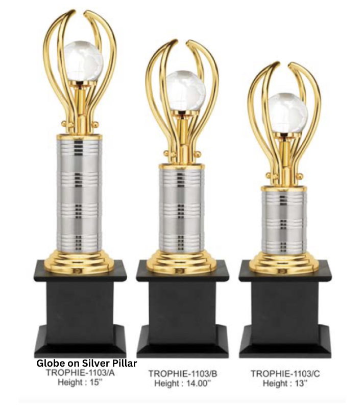 Custom Metal Trophy featuring a globe design atop a sleek silver pillar. Perfect for awards in international competitions, corporate recognition, and global achievements. Personalization options available for engraving names, logos, or event details."
This alt text emphasizes the design and potential uses for the trophy.
