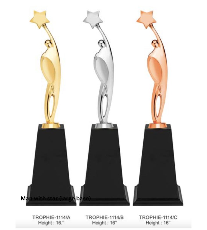 Custom Metal Trophy featuring a man with a star, set on a large base, available in gold, silver, and bronze finishes. Ideal for awarding outstanding performances in sports, corporate recognition, and events. Personalization options available for engraving names and details."
This alt text highlights the design, materials, and customization options.