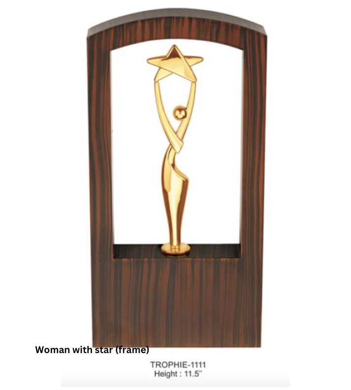 Custom Metal Trophy featuring a woman with a star frame in a gold finish. Ideal for recognizing exceptional achievements in fields such as sports, leadership, and creativity. Personalization options available for engraving names, logos, or event details."
This alt text highlights the design, material, and customization possibilities for the trophy.