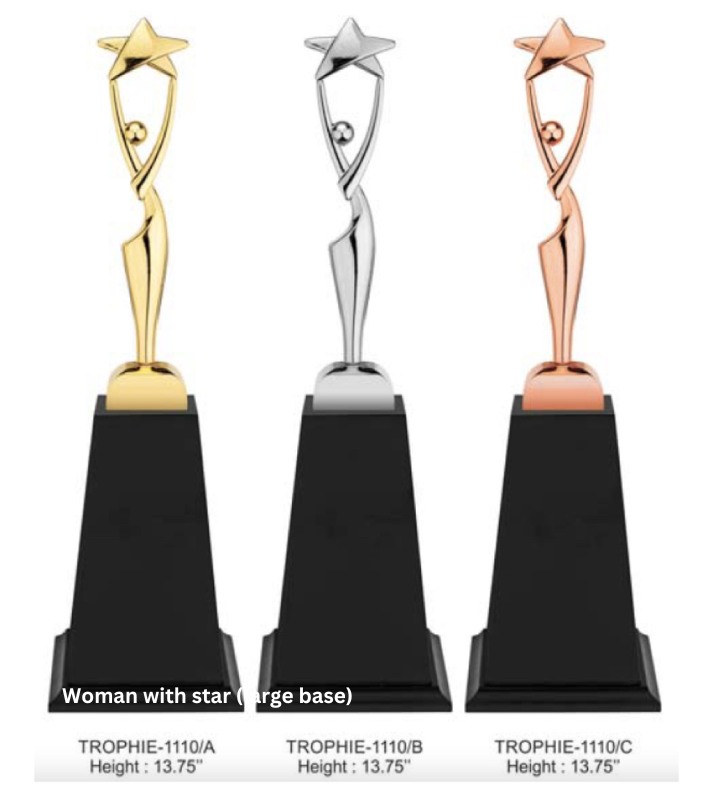 Custom Metal Trophy featuring a woman with a star design, set on a large base, available in gold, silver, and bronze finishes. Ideal for honoring achievements in women’s excellence, leadership, and performance across various fields. Personalization available for engraving names or event details."
This alt text highlights the trophy’s design, finishes, and its suitability for recognizing achievements in women's categories.