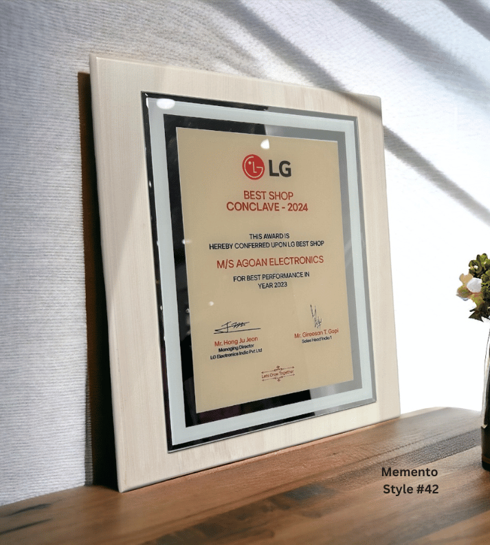 Custom wood and glass memento in black and brown, ideal for corporate recognition and awards.