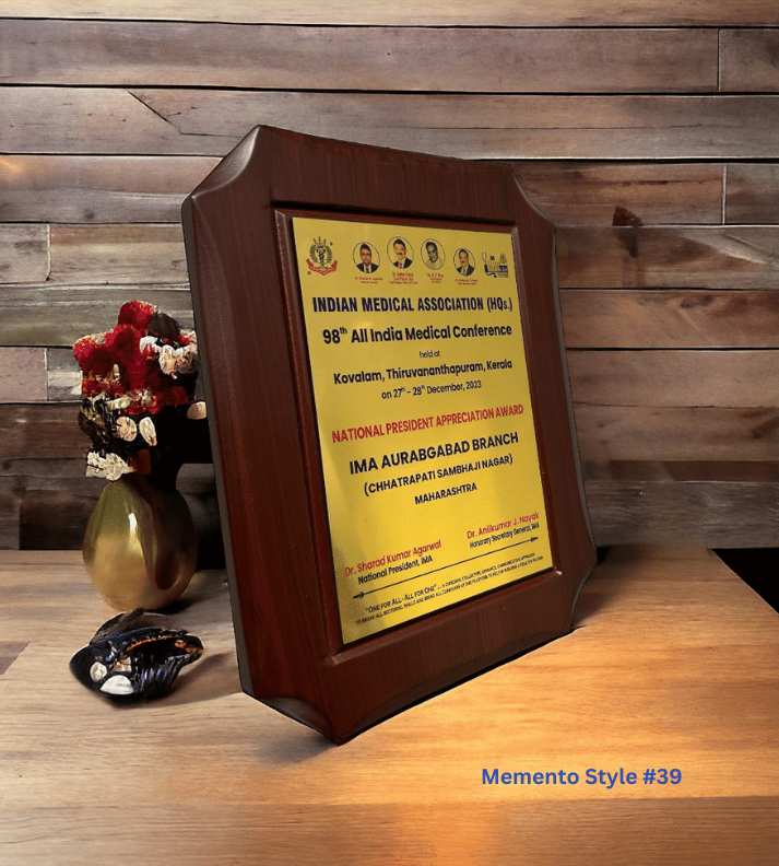 "Custom wooden memento in a rich brown finish, offering personalized engraving for a refined and elegant touch, perfect for corporate gifts, awards, and commemorative recognition."