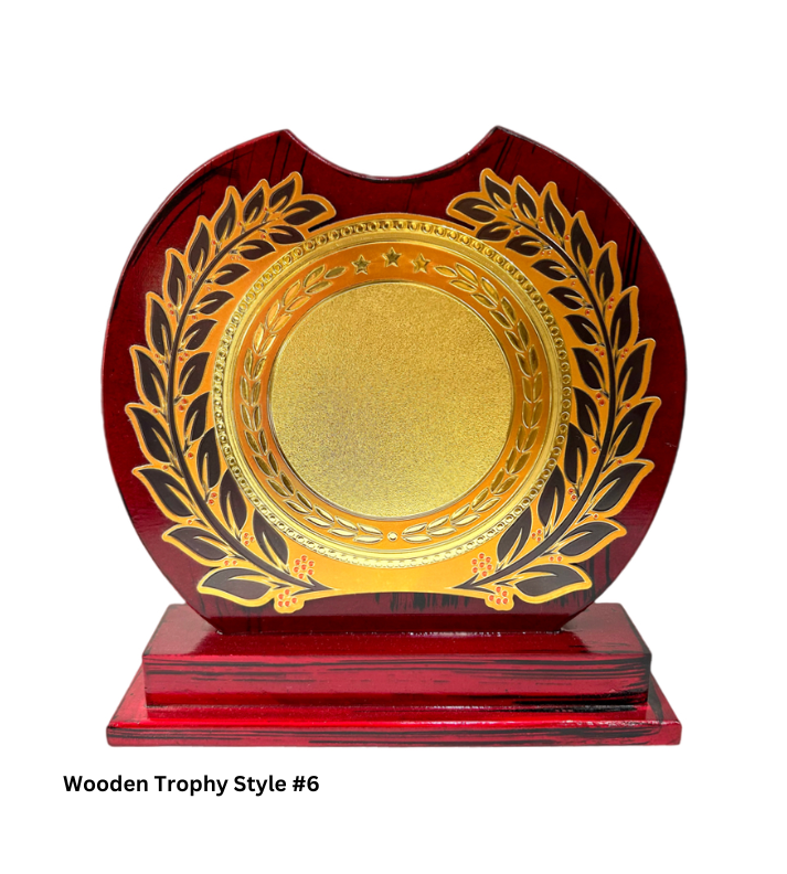 Custom Wooden Trophy Style 6 in Brown, crafted from high-quality wood for a classic and elegant look. Ideal for corporate awards, sports events, and recognition ceremonies. Personalize with engraving options for names, logos, or event details."
This alt text emphasizes the material, style, and customization options for the wooden trophy.