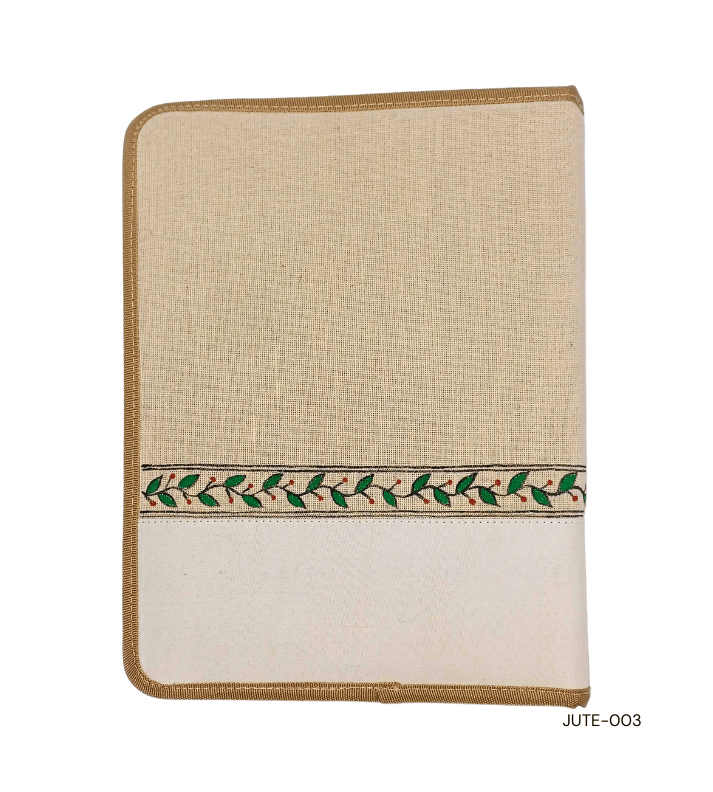 Eco-friendly jute conference folder with intricate artwork, perfect for sustainable corporate gifting and professional use.