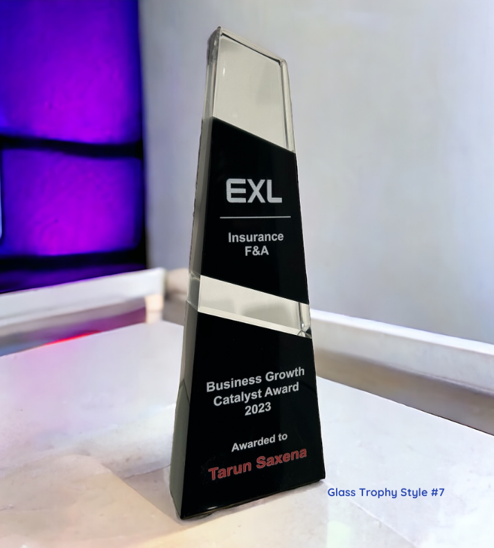 Personalized engraved glass trophy, 7-10 inches, with custom design, presented in a stylish gift box, ideal for corporate awards and recognition events.