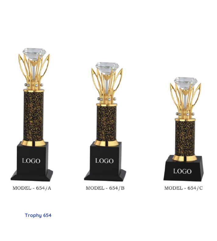 Engraved gold metal trophy 654, customizable for personalized awards and recognition, featuring a stylish and elegant design perfect for corporate or special event honors.