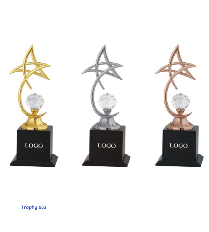 "Engraved metal trophy with a 12-inch design, available in gold, silver, and bronze finishes, customizable for awards and recognition events, showcasing a premium and elegant look."