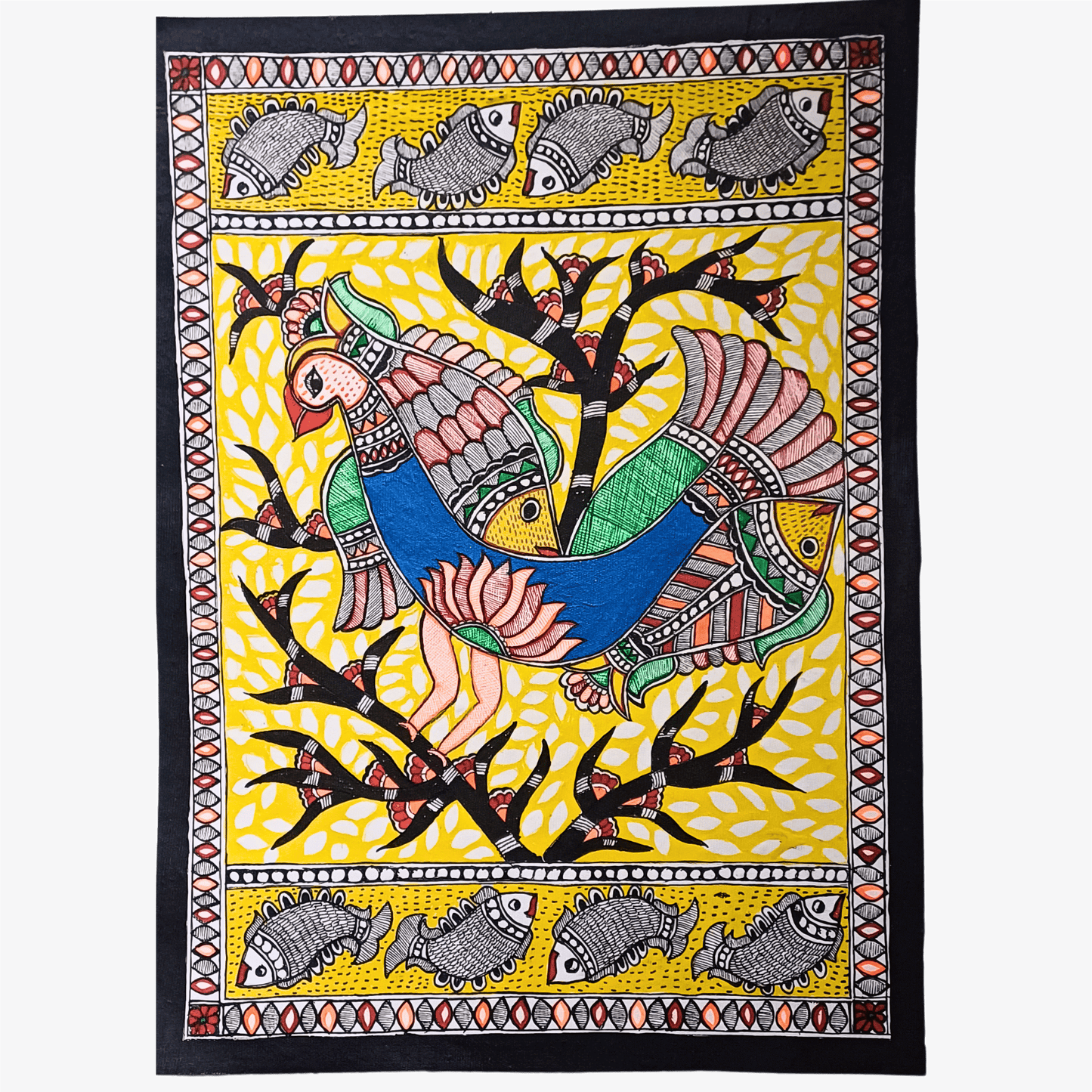 Framed Fish & Peacock Mithila Painting Poster – Vibrant Indian Folk Art