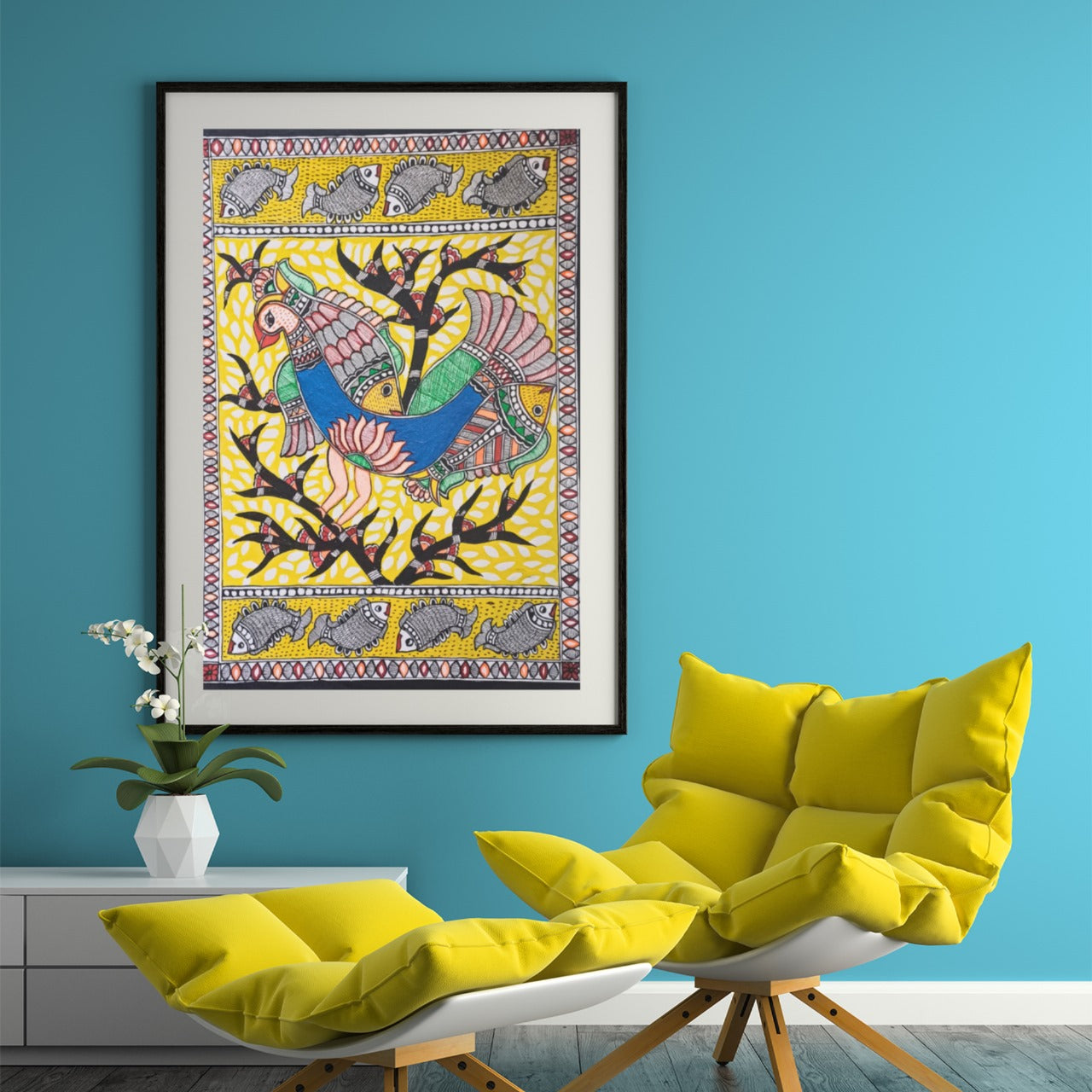 Framed Fish & Peacock Mithila Painting Poster – Vibrant Indian Folk Art