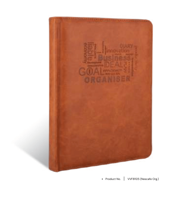 Foam diary VVF81125 with personalized leatherette cover and pen holder, perfect for corporate gifting and professional use.