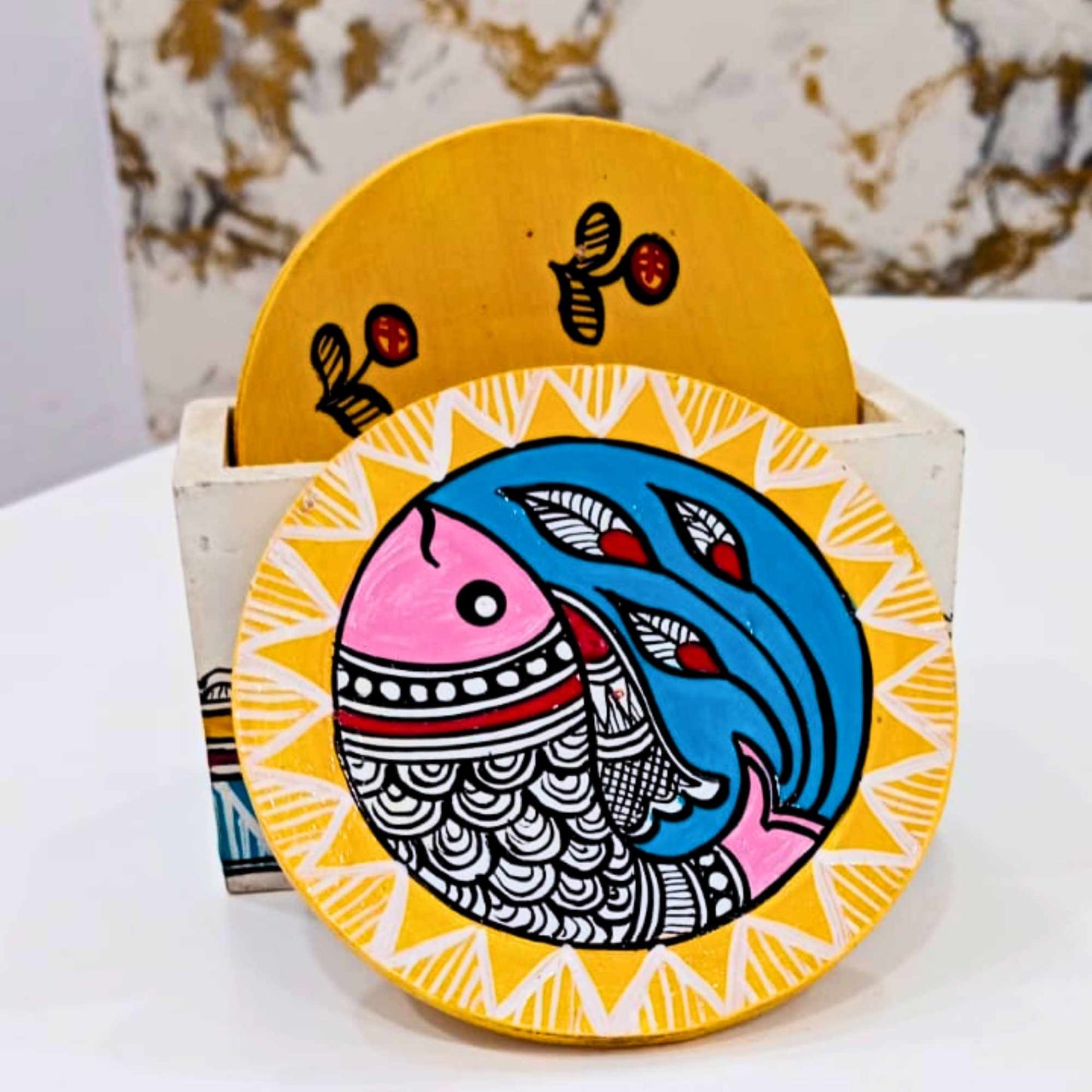 Handcrafted Wooden Coaster Set with Holder | Madhubani Folk Art Design
