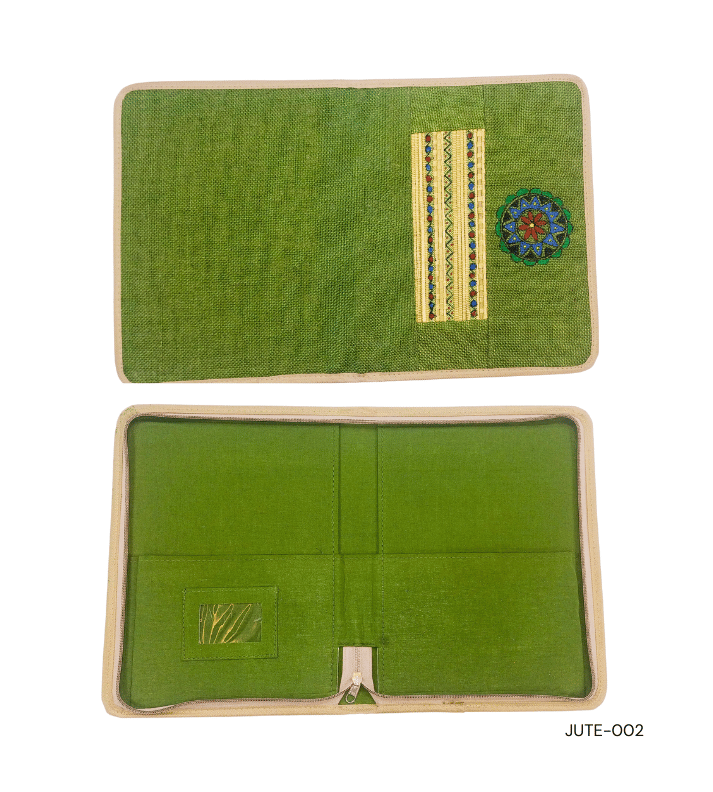 Personalized green jute conference folder, ideal for corporate gifts with eco-friendly design and professional appeal.