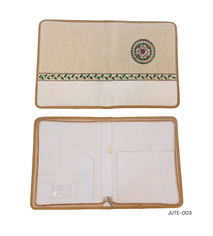 Personalized jute conference folder featuring Madhubani artwork, ideal for eco-friendly corporate gifting and professional use.