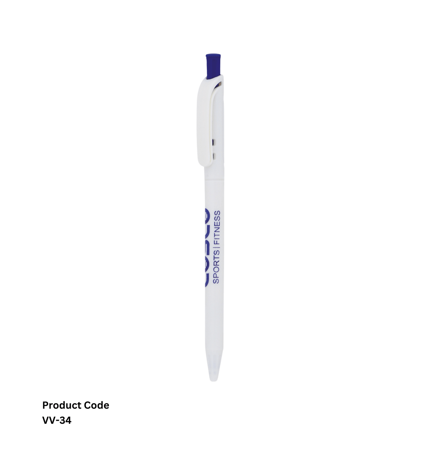 Personalized Plastic Pen VV34, white and blue, customizable and sleek, ideal for corporate gifting or promotional use.
