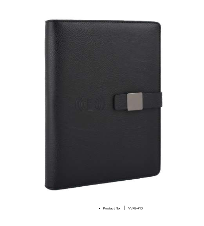 Power bank notebook VVPB-P10 with wireless charging capability and built-in phone stand, ideal for convenient corporate gifting and everyday use.