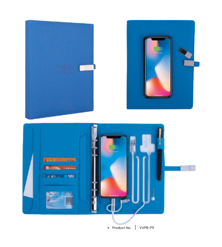 Power bank notebook VVPB-P11 featuring 8000mAh wireless charging capacity and a 16GB USB drive, perfect for custom corporate gifts and tech-savvy professionals.