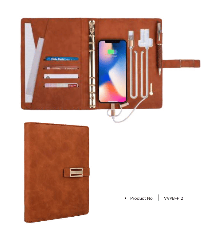 Power bank notebook VVPB-P12 with 8000mAh capacity, encased in a stylish leather folder, ideal for corporate gifting and business professionals.